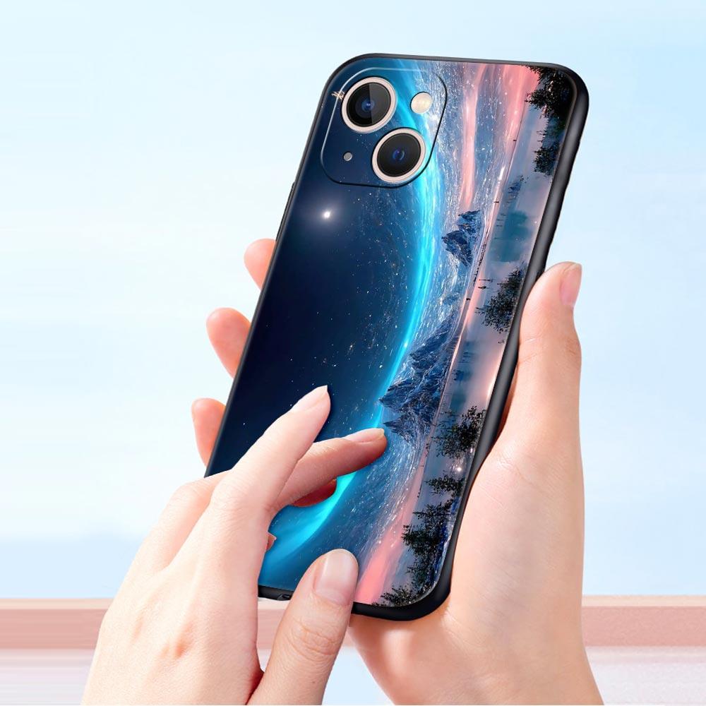 Moon Galaxy Universe Phone Case For iPhone 17 16 15 Pro Max 11 12 13 14 7 8 Plus SE 2020 X XR XS Cover Soft Black