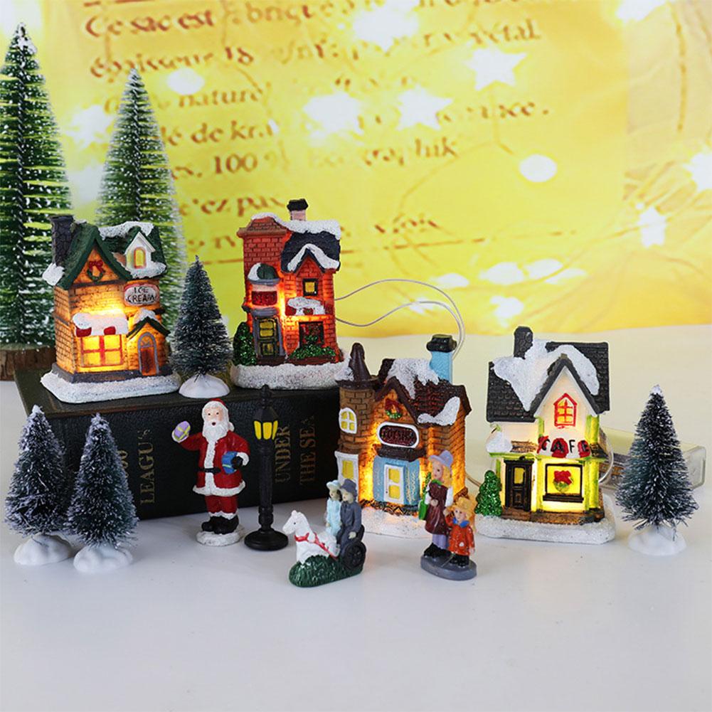 12 Pcs Mini Resin Christmas Village Houses Set with LED Lights for Festive Home Decor and Gift Giving