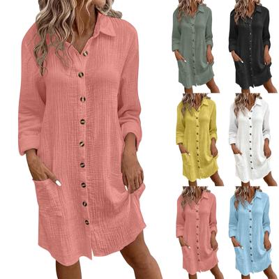 Nové dámské módní ležérní jednobarevné šaty střední délky s dlouhým rukávem a zapínáním na knoflíky