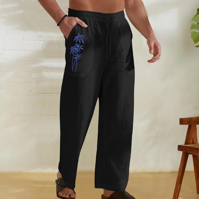 Men's Cotton Linen Thin Section Casual Trousers Straight Loose Printed Trousers Men's Summer Models