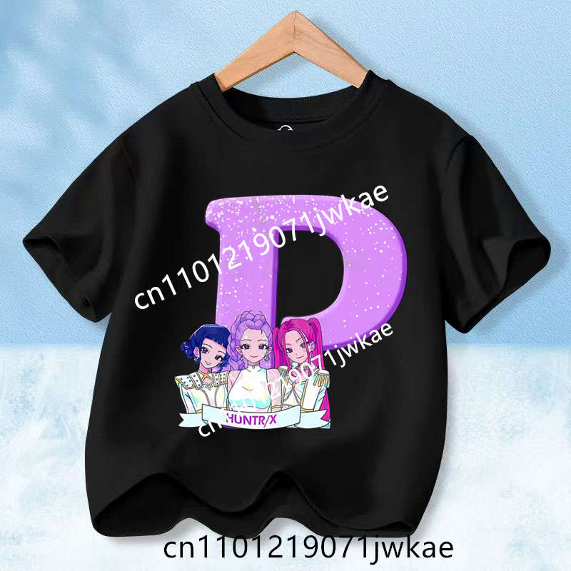 Kids Short Sleeve Clothing Gift KPop Demon Hunters T-shirt for Children Cartoon A-Z Letters Tee Top Black Round Collar Clothes