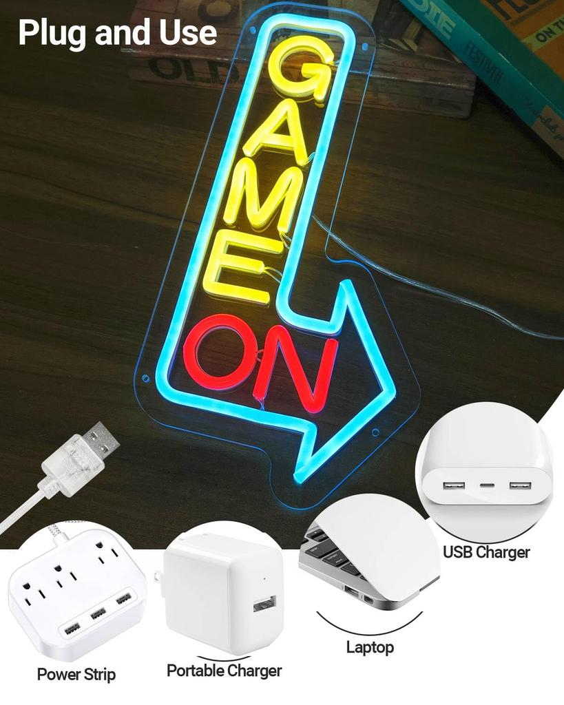 GAME ON Neon Sign for Wall Decor, LED Gamer Sign for Arcade Room, Game Room, Bedroom, Kids, Boyfriend, Gifts Stepless Dimmable