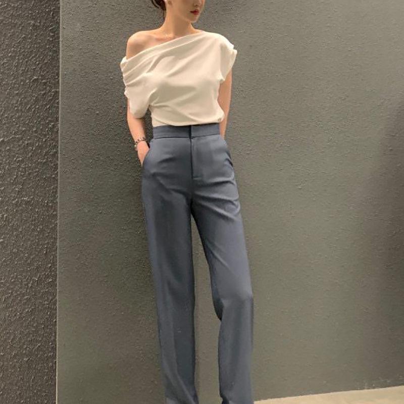 Korean Chic One-Shoulder Irregular Loose Solid Color Pullover T-Shirt