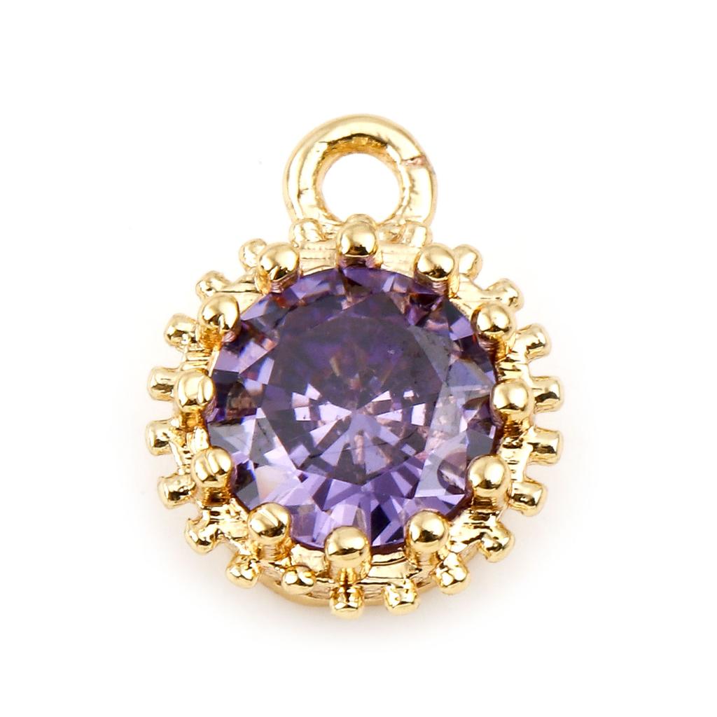 2 Piece Copper Birthstone Charms Round Multicolor Cubic Zirconia Gold Color Metal Pendants DIY Making Earrings Jewelry 9mm x 7mm