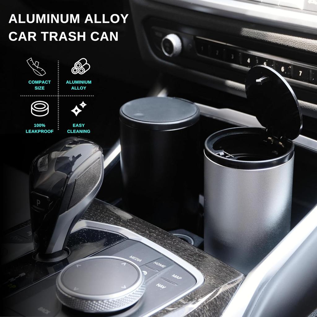 Car Trash Can With Lid - Leakproof Mini Garbage Can, Aluminum Alloy Bin, Accessories (Black)