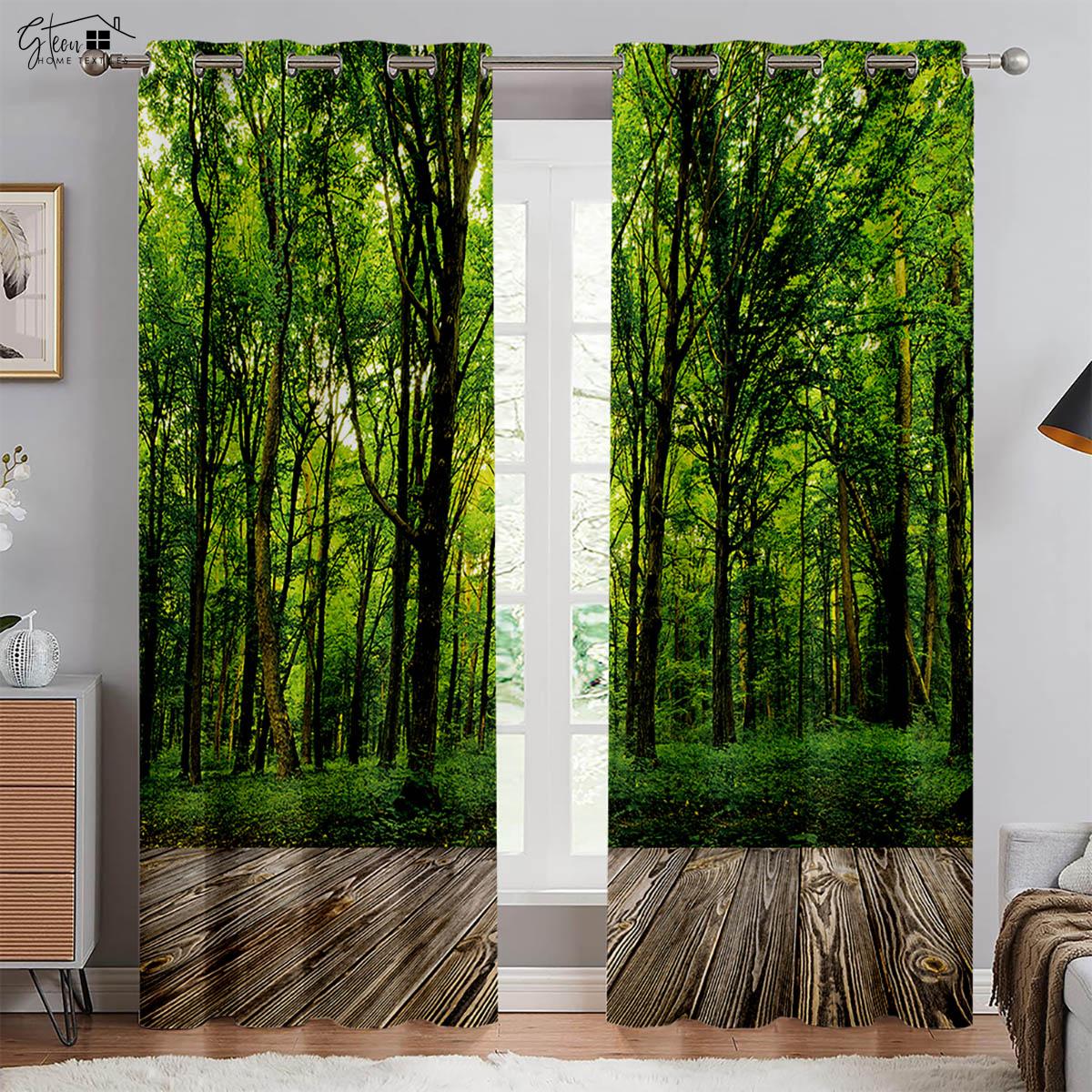 

Forest Woods 3D Print Drapes Landscape Emerald Sunshine Autumn Maple Leaves Nature Vitality Wear Rod Pocket Easy To Wash Drape W50xH130(CM)x2PCS&Rod pocket