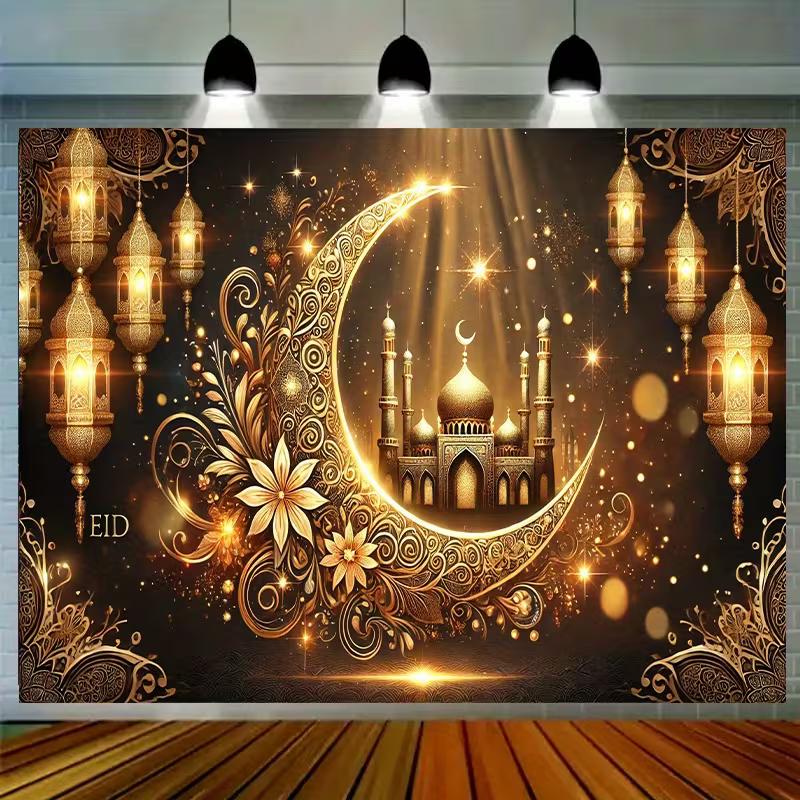 2D Flat Print Eid Mubarak Backdrop Golden Crescent Moon & Mosque Photography Background