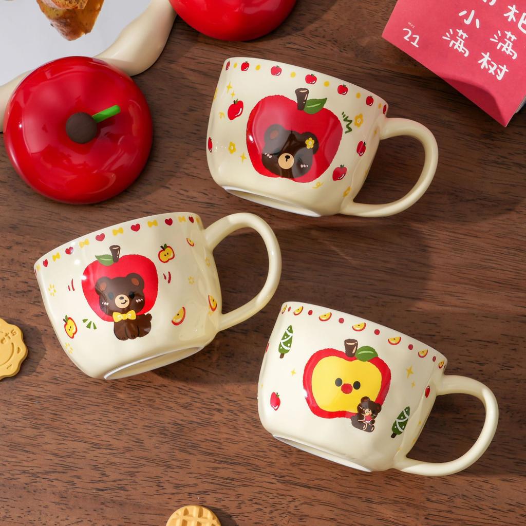 Högvärdig Apple-mugg med lock Mugg Jul Keramisk mugg Handritad tecknad söt Kaffekopp Souvenir