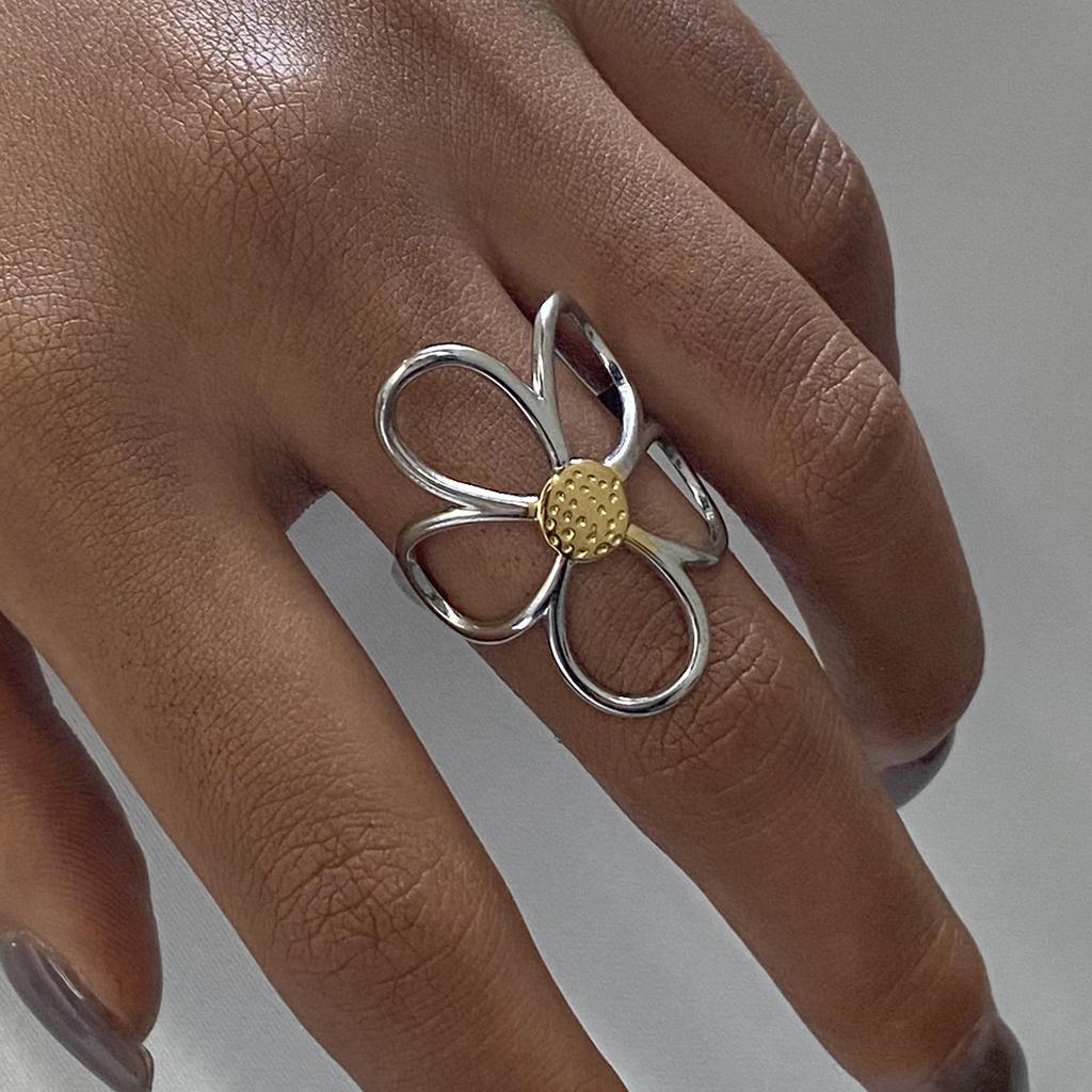LATS 18K Gold Plated Stainless Steel Rings for Women Couple Minimalist Handmade Simple Big Flower Ring Party Jewelry Gift
