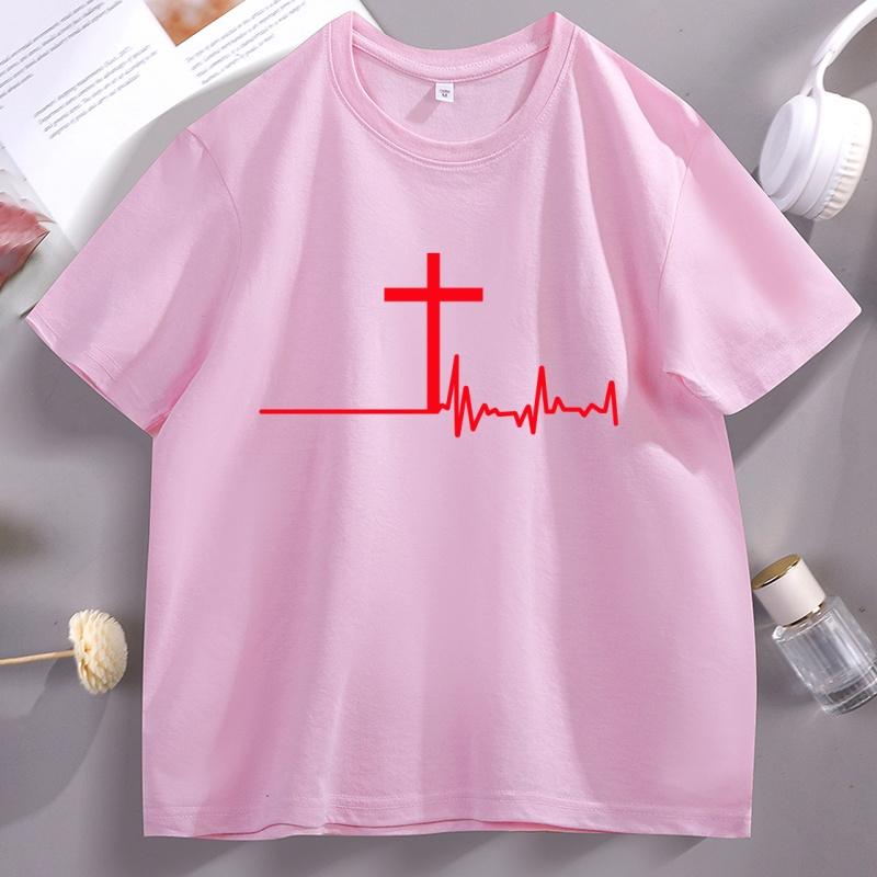 Women Graphic T-Shirt Christian Cross Heartbeat Tshirt Religious Faith Short Sleeve Soft Breathable T Shirt Unisex Clothes Tops