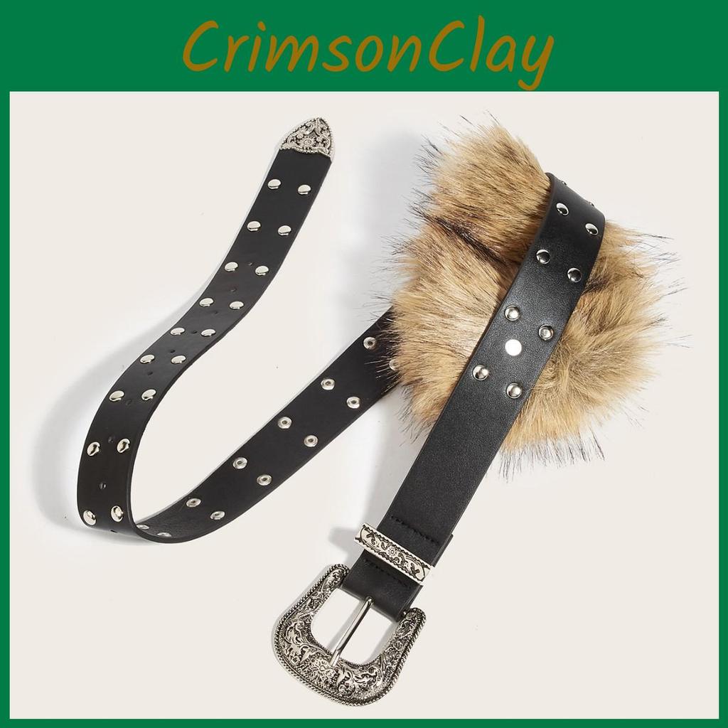 Pu Leather Wide Belt Artificial Fur Design And Carved Needle Buckle For Fashion Lovers