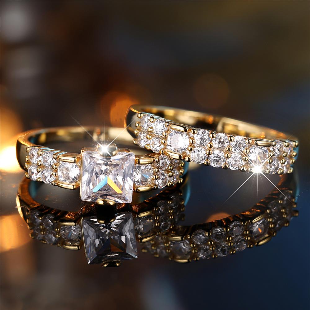 2pcs Female Gold Color White Zircon Stone Square Ring Set Vintage Gold Color Bridal Wedding Bands Party For Women