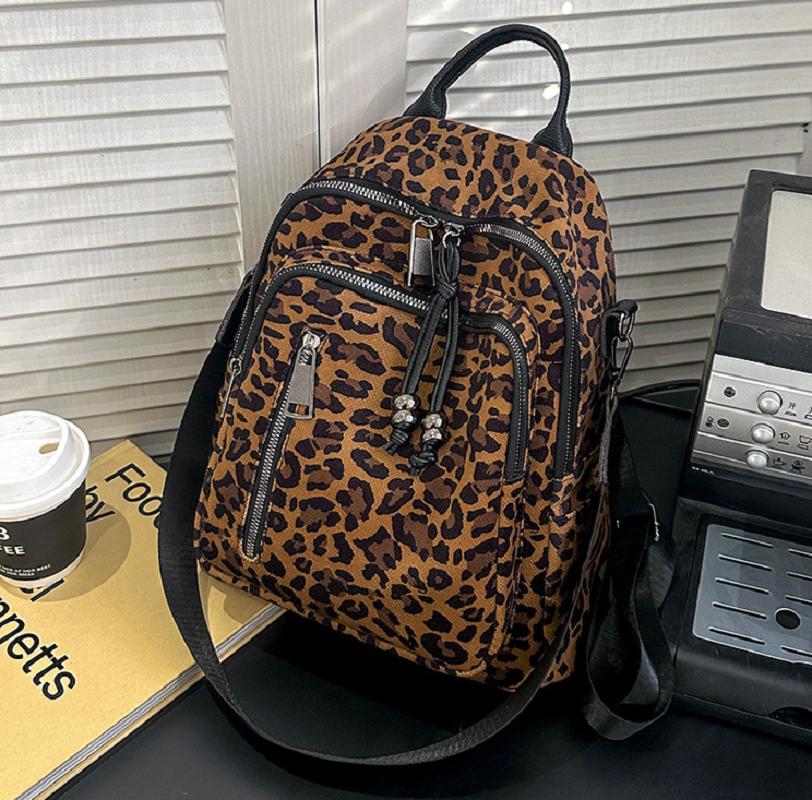 2025 New Fashion Leopard Soft Leather Travel Backpacks Women's Large Capacity Shoulder Bags Totes School Bag Crossbody Bagpack