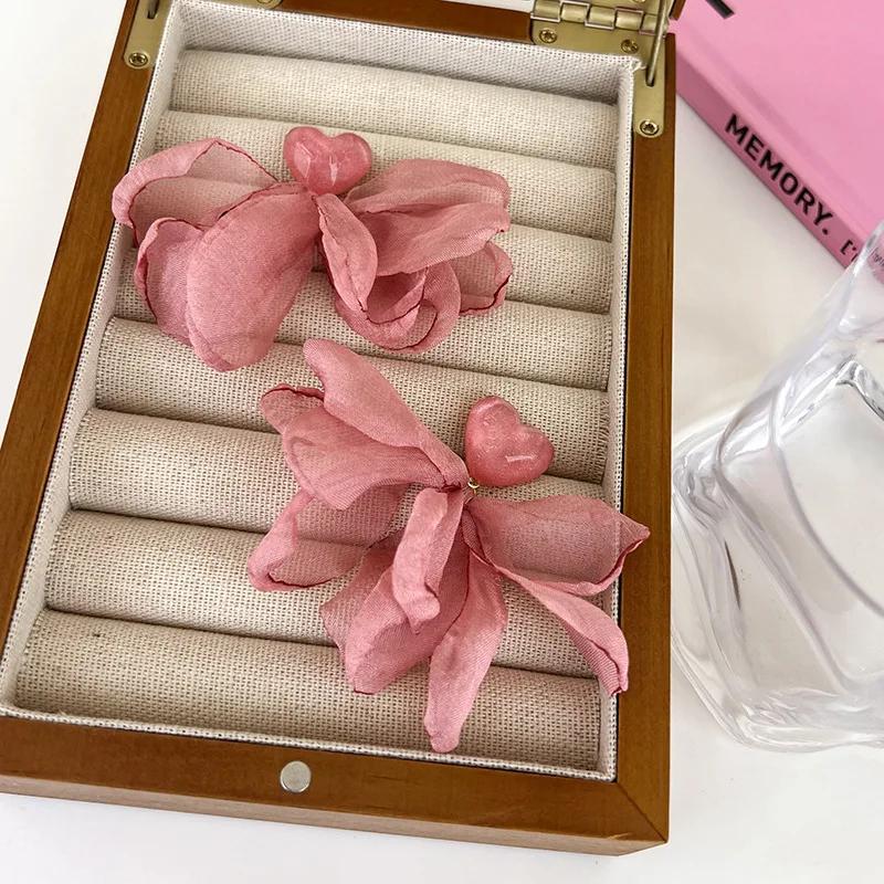 Pink Yarn Cloth Flower Resin Dangle Earrings for Women Big Statement Hanging Earrings Daily Fashion Jewelry