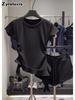 Korean Style Crisscross Crop Top Women's Summer Slim Fit Elegant Irregular Ruffle T-Shirt
