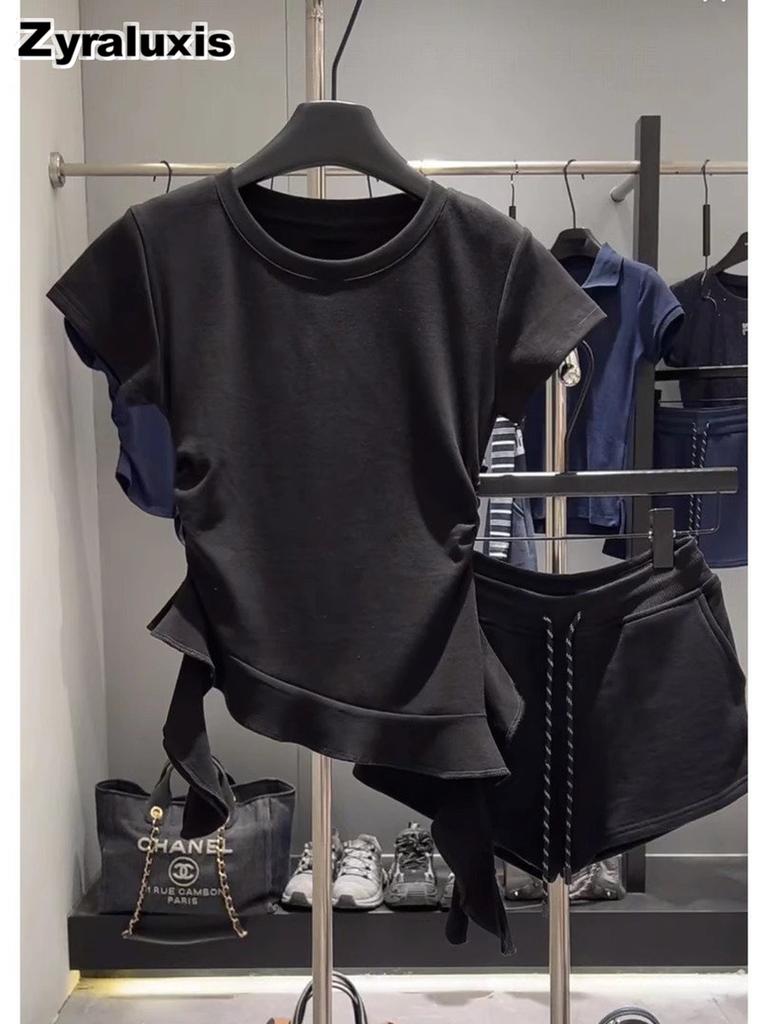 Korean Style Crisscross Crop Top Women's Summer Slim Fit Elegant Irregular Ruffle T-Shirt