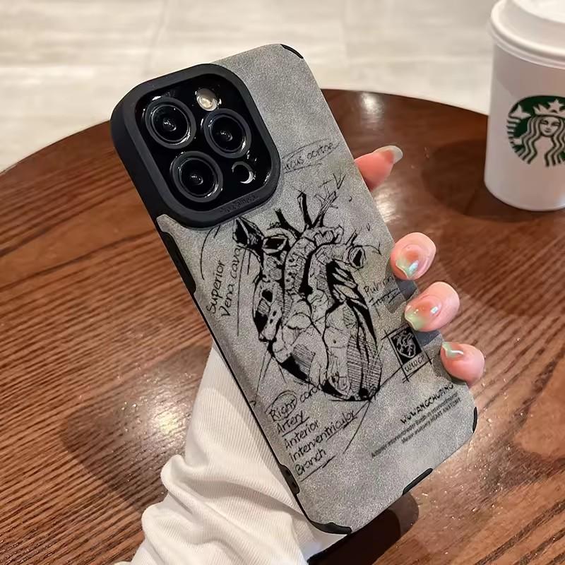 

Gray Leather Heart Silicone Phone Case For iPhone 16 15 14 Pro Max Plus 11 12 13 Mini 17 Air Soft Matte Back Cover Funda For iPhone16 Pro Max