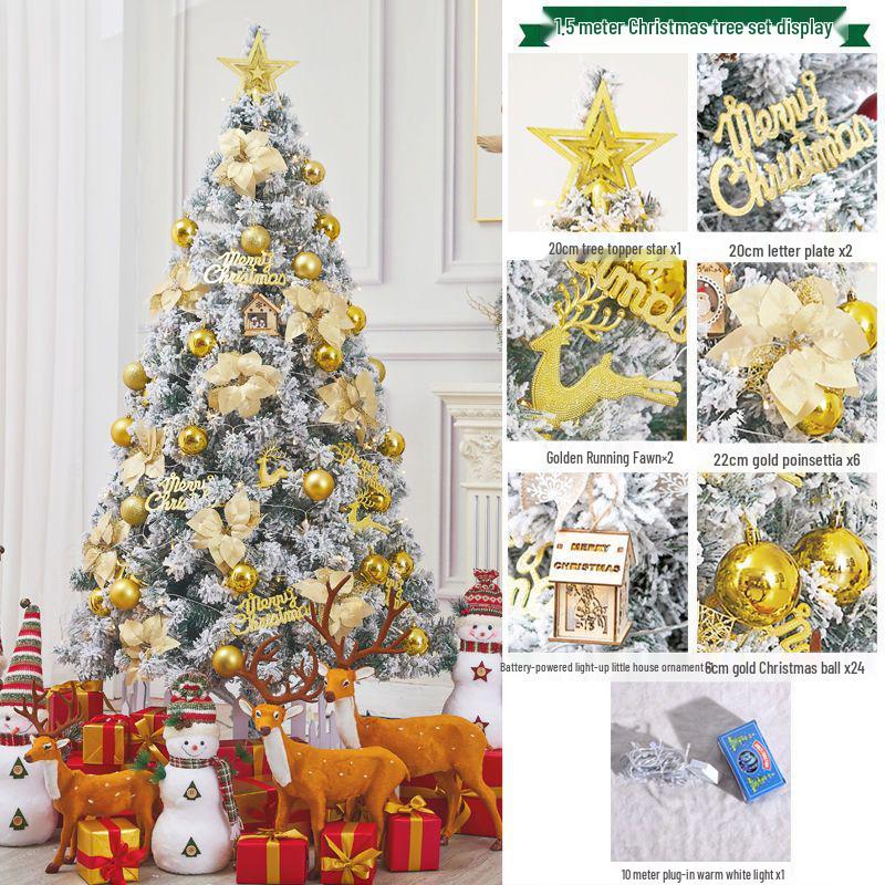 Golden Christmas Tree Set with Ornaments: 1.5m, 1.8m, 2.1m Flocked Pine with White Snow