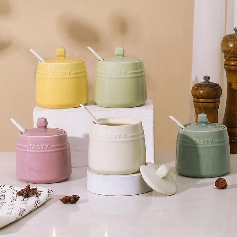 Porcelain Condiment Jar Container with Lid Spoon Ceramic Sugar Bowls Seasoning Box Salt Jars Tea Caddy for Kitchen Countertop