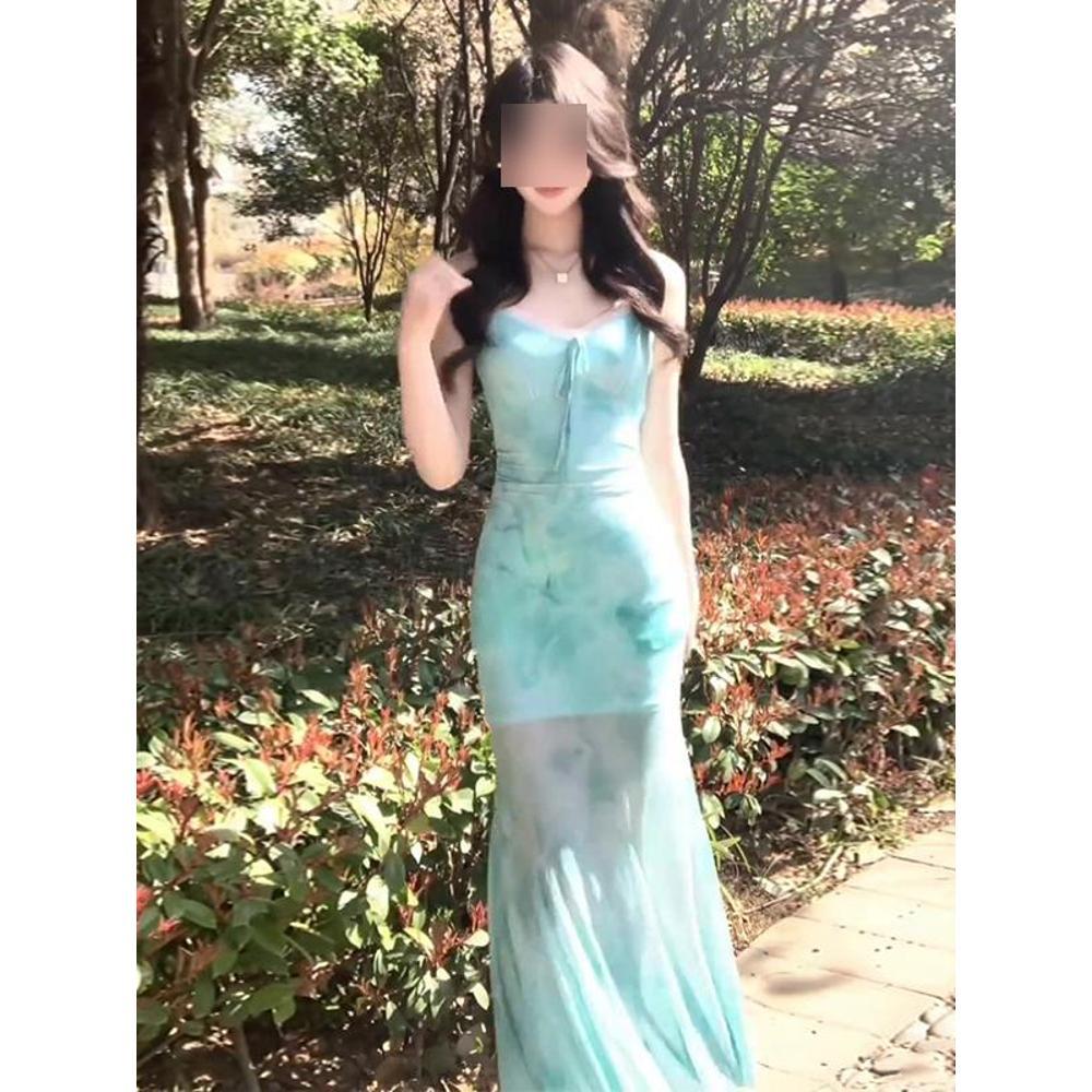 Women's photo shoot good-looking skirt vintage spring and summer butterfly print mermaid sundress mesh long skirt