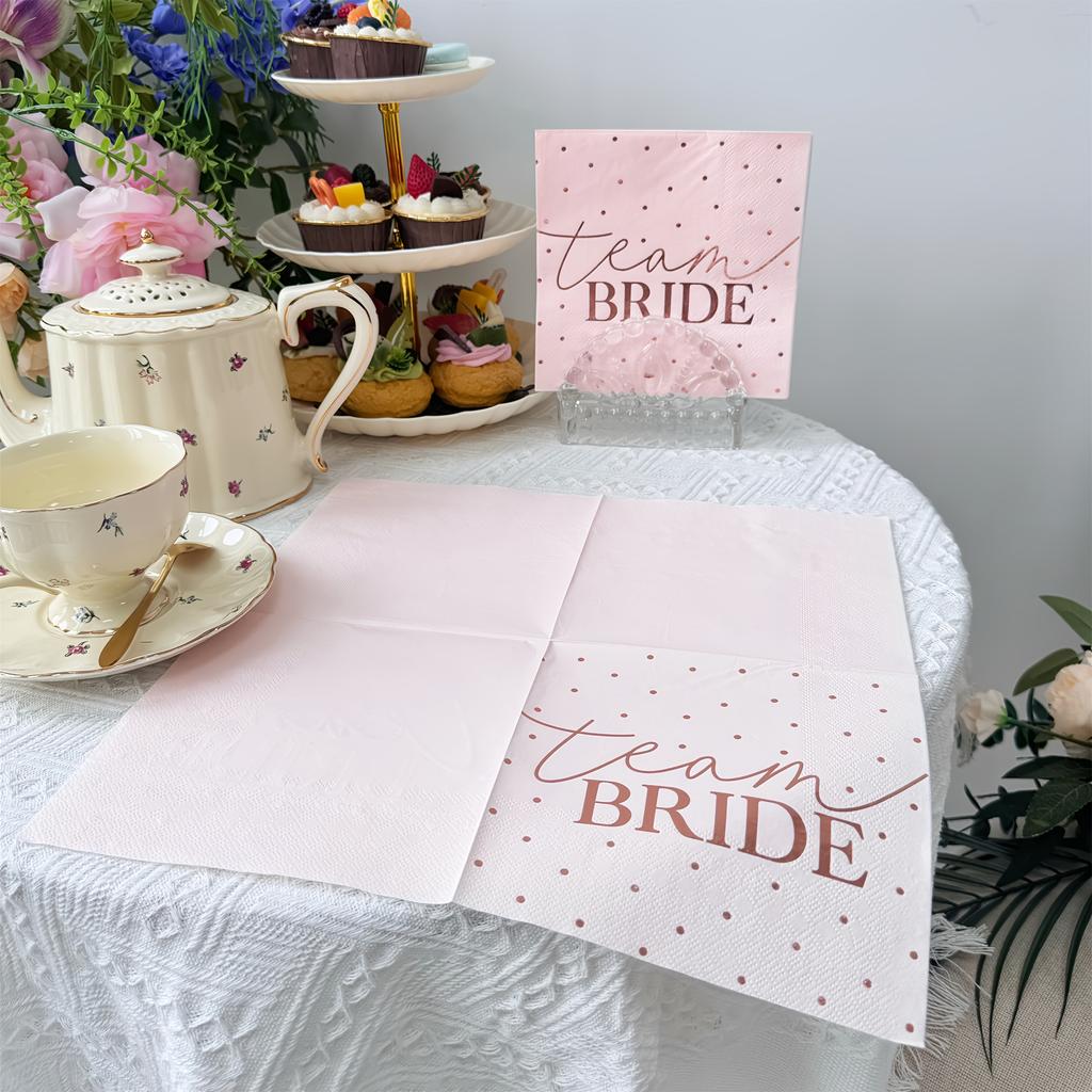 16-Pack 3-Ply Pink Team Bride Golden Foil Napkins for Wedding, Disposable Paper Napkins for Hotel, Restaurant, Party Decorations
