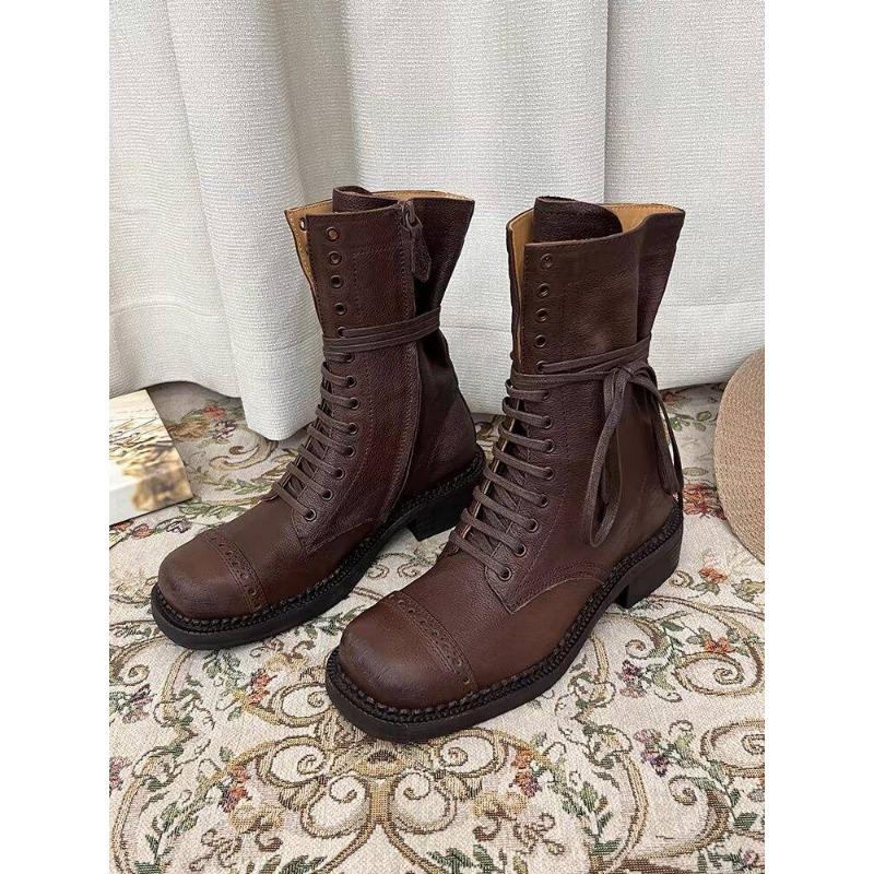 Damen-Ankle Boots Schnürung Mädchen Cowgirl Motorrad Trend Neu Rock Punk Niedriger Absatz Designerschuhe Runde Spitze Lederstiefel