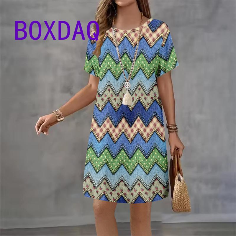 Colorful Geometric Printing Women Fashion Dress Summer Short Sleeve O-Neck Loose A-Line Dress Street Female Large Size Sundress