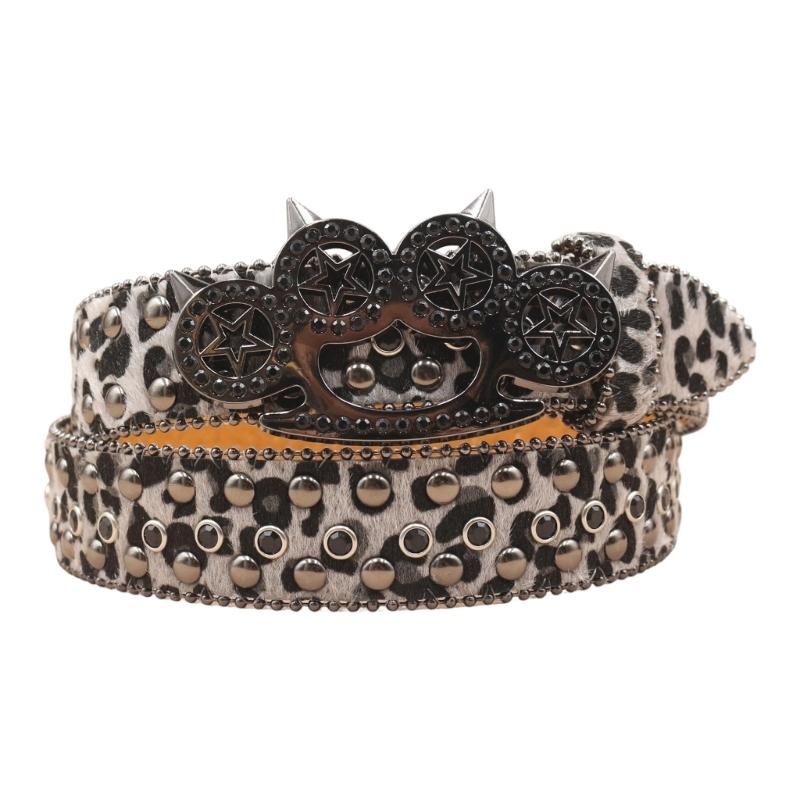 Women's Men's Oversized Belt Leopard Print Rhinestones Embellished Rivets Accent Western Girdle for Hip Hop Event