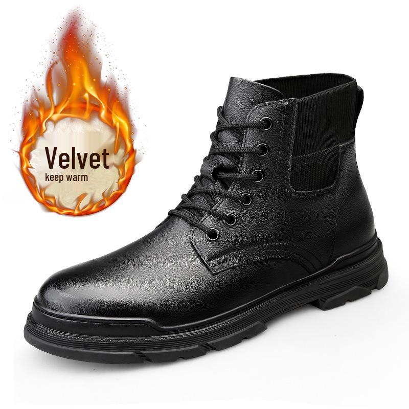 Men s Black Leather Winter Martin Boots, British Style, High-Top, Plus Velvet, Work Boots. 37