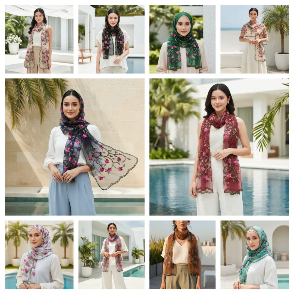 Lightweight Embroidered Floral Headwrap Breathable Long Lace Scarf Summer Hijab Travel Photoshoot