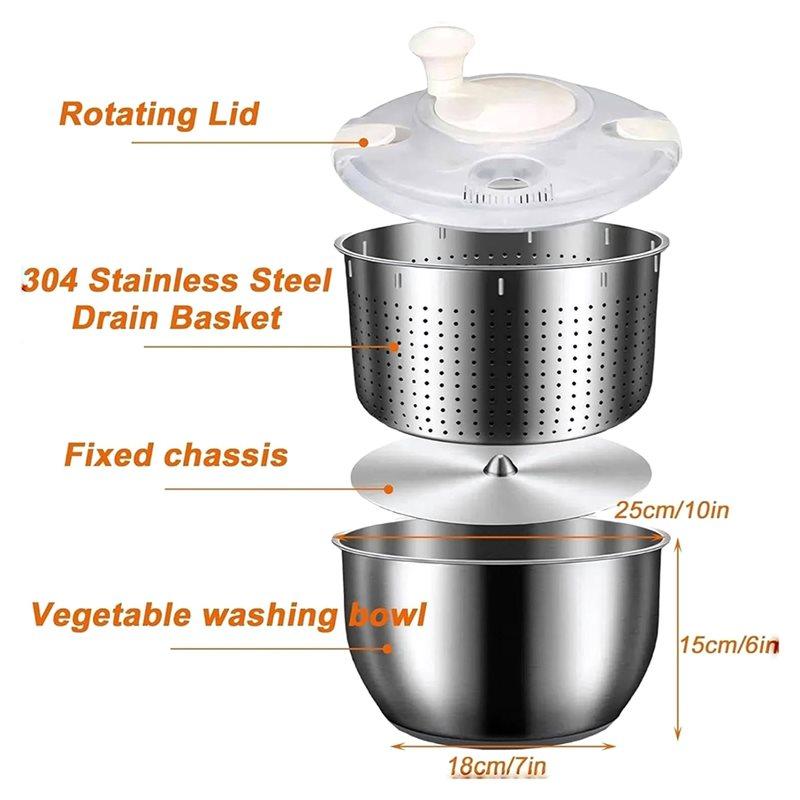 A25F-Quick Spins Salad Spinner Stainless Steel, Lettuce Spinner, Fruit Washer For Household Use On Vegetables And Pasta