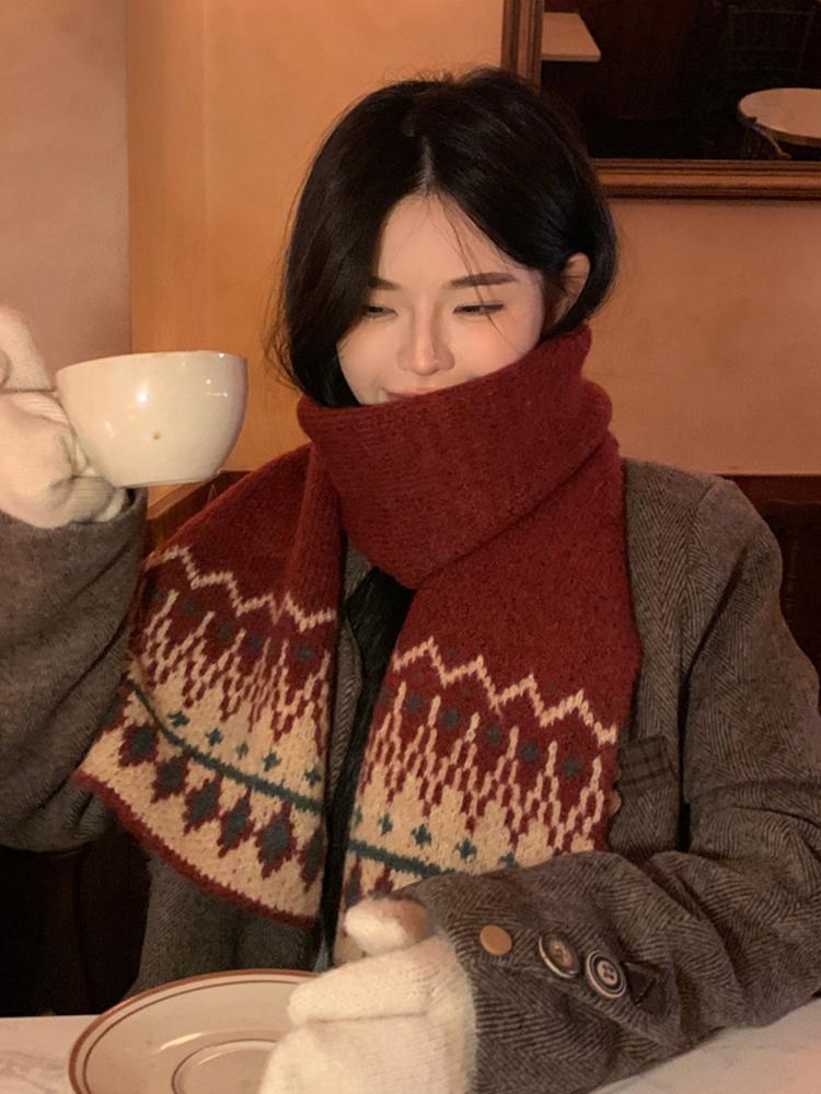 Women Winter Knitted Scarf Headscarf Ladies Casual Red Print Warm Scarve Mujer Foulard Wrap Shawl New Christmas New  Gifts