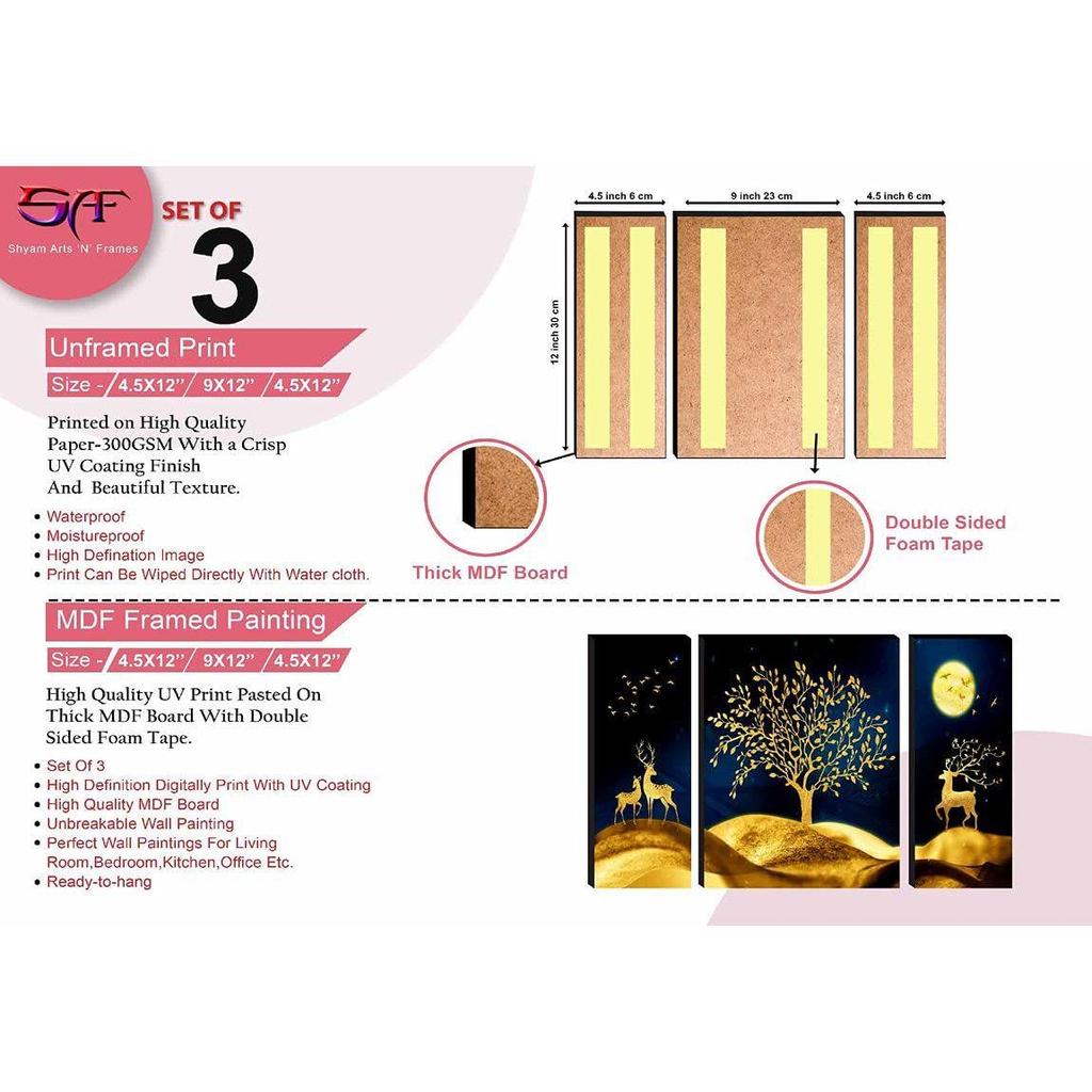 paintings Set of 3 Deer with Tree Modern Art UV Textured Home Decorative Gift Item Self Adeshive Painting 18 Inch X 12 Inch