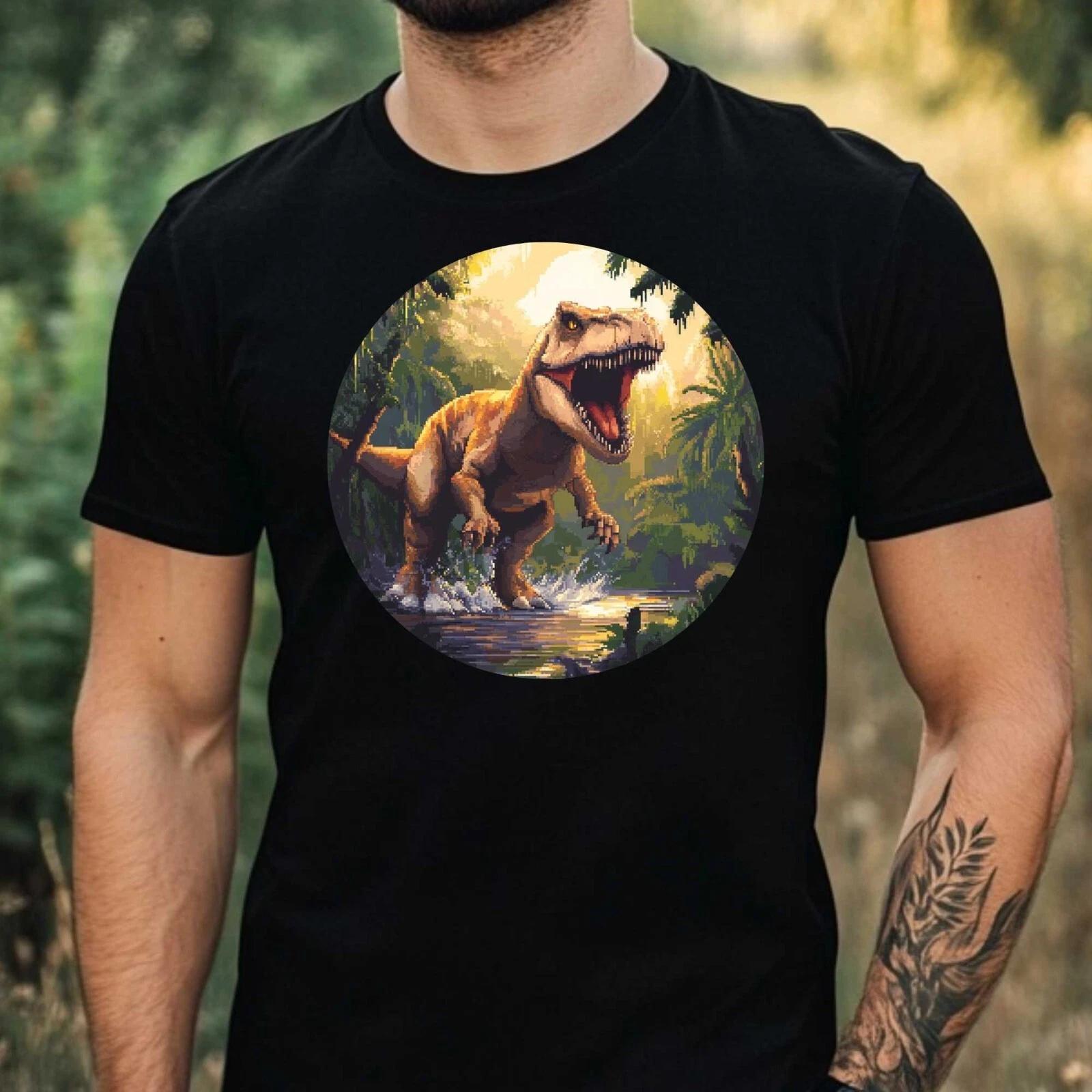 T-Shirt Herren Dino Pixel Art Motiv Baumwolle Größe XS bis 5XL L