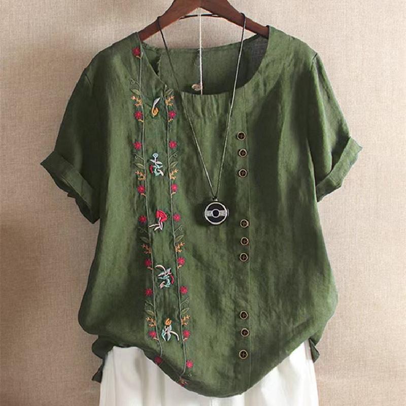 

Retro Cotton Linen Short Sleeve Embroidered Flower Women s T-shirt Wish Brand Crew Neck Plus Size Shirt 5XL зелений