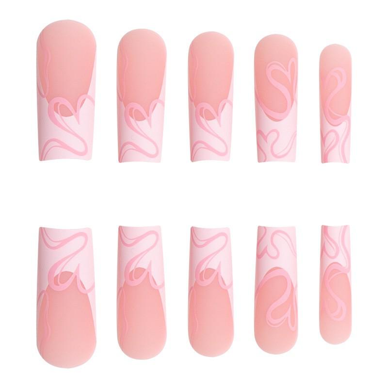 Long French Style Press-On Nails With Pink Heart Design Sweet Glam Nail Art Tips Women