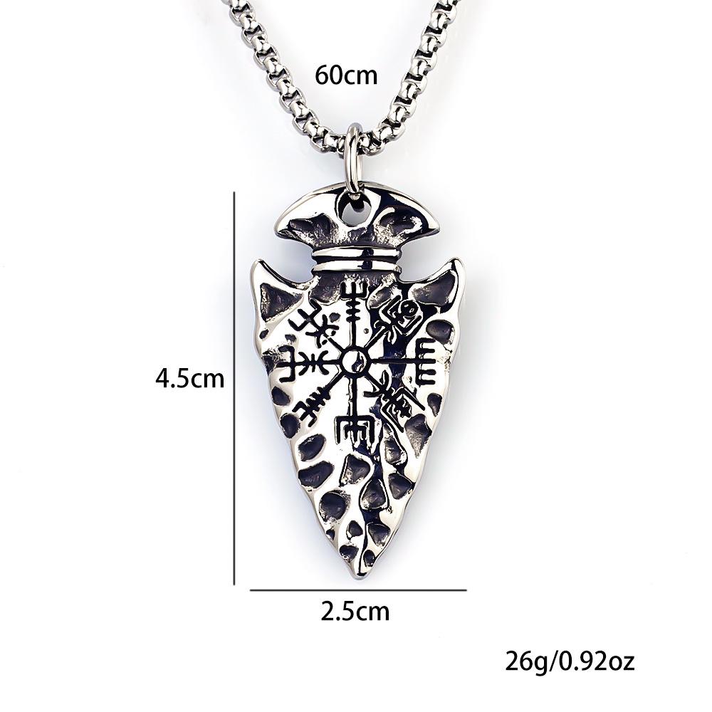 European Viking Titanium Steel Rune Necklace with Stainless Steel Spearhead and Compass Pendant