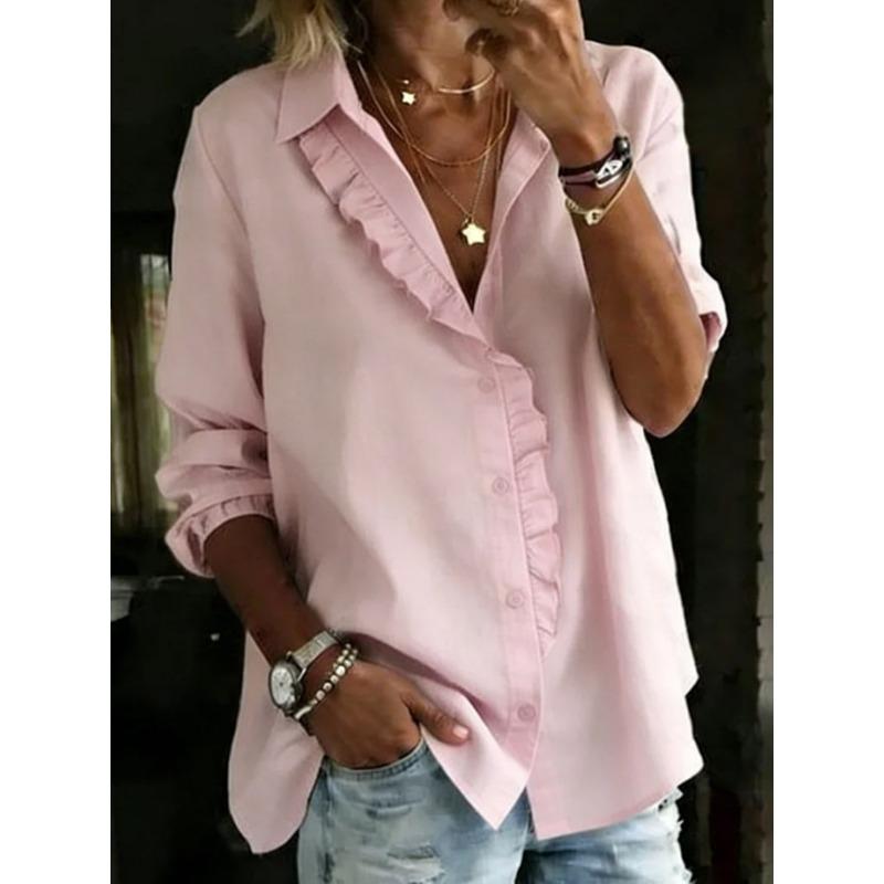 IHUASU Women's Fashion Casual Solid Color Print Long Sleeve V-Neck Blouses & Shirts