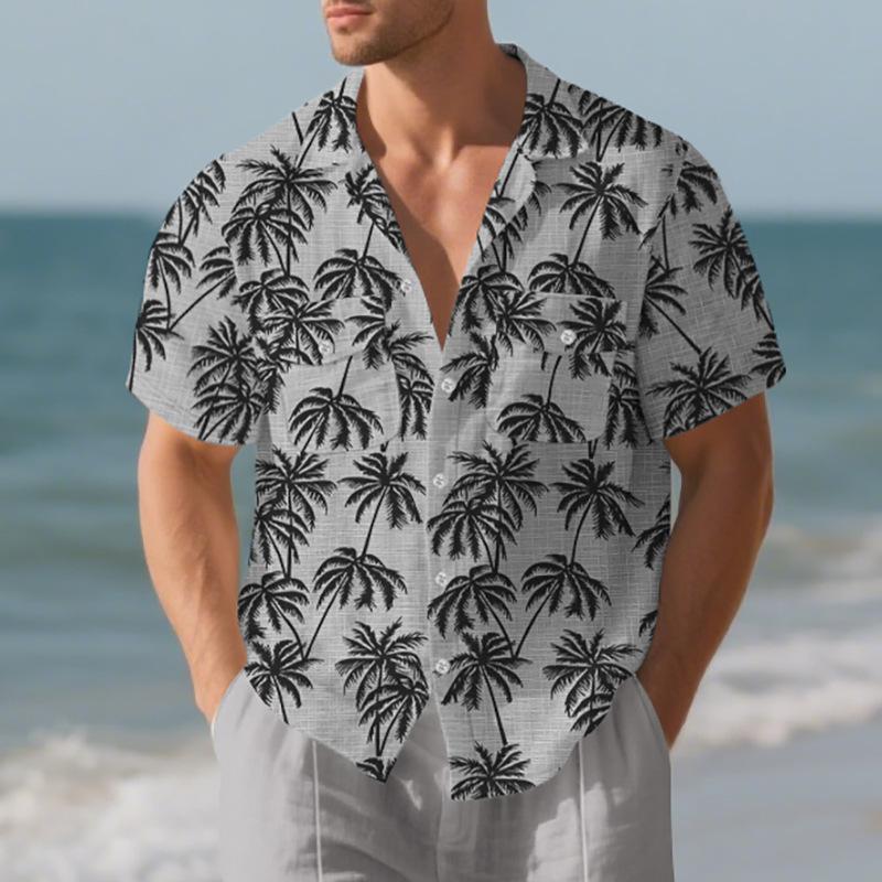 Men's Beach Short-Sleeved Shirt Coconut Tree Print Loose-Fit Holiday Shirt Men's