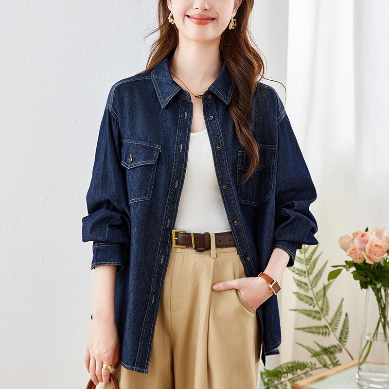 Cotton Cocoon Denim Shirt Jacket for Women Long Sleeve Spring New Retro Literary Top Blue Women's Shirt