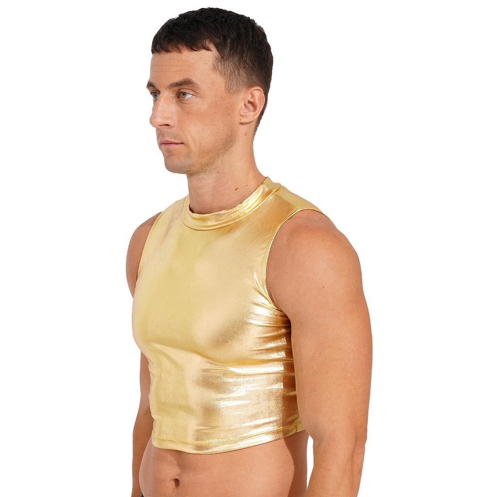 Mens Metallic Sleeveless Vest Faux Leather Crop Top Wet Look Clubwear Street Fashion