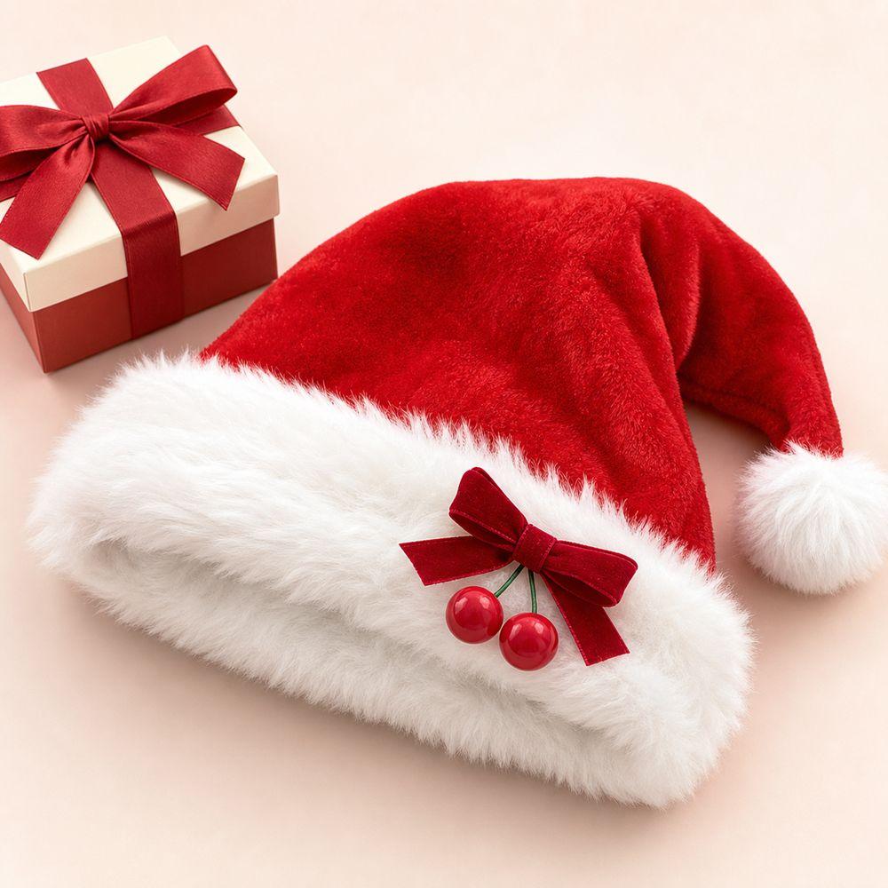 Plush Fabric Red Santa Hat with Cherry Long Fur Hat Stylish Christmas Hat Christmas