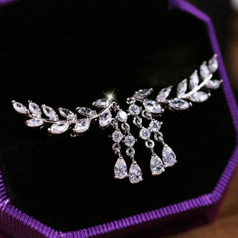 Women Gold Silver  Zircon Leaves Tassel Ear Stud Earrings Jewelry