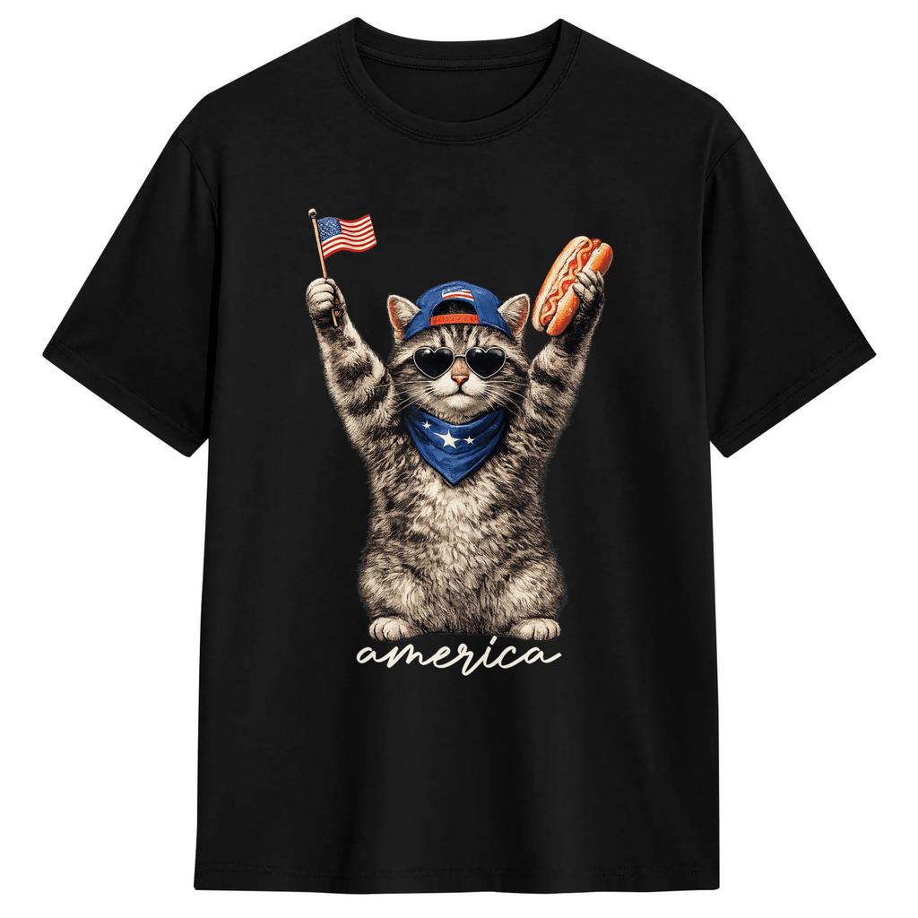 Unisex Retro Funny America Cat Hot Dog Lovers Patriotic US Flag TShirts Cotton Tops Summer Classic ShortSleeve T Shirt ONeck Tee