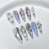 Handmade Press-On Nails Long Stiletto Shape Gradient Ice-Transparent With 3D Metallic Relief Design