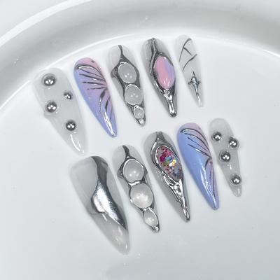 Handmade Press-On Nails Long Stiletto Shape Gradient Ice-Transparent With 3D Metallic Relief Design