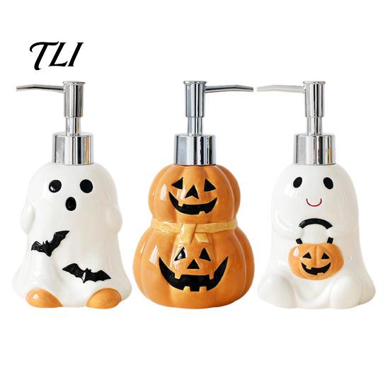 Ceramic Liquid Soap Container Halloween Ghost Dispenser, with Stainless Steel Pump, Pumpkin Refillable Countertop Dispenser Hand Container,