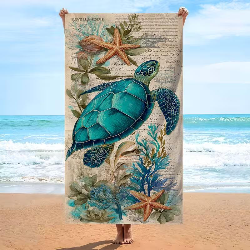 Vintage Zee Schildpad Schelp Print Strandlaken Zacht Sneldrogend Zandbestendig Absorberend Handdoek voor Zomerstrand Kamperen