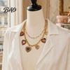 French Style Necklace Floral Heart Charms Necklace, Double Layer Vintage Chain Choker Oval Faux Non-allergenic Jewelry Diamond Ring, Enamel