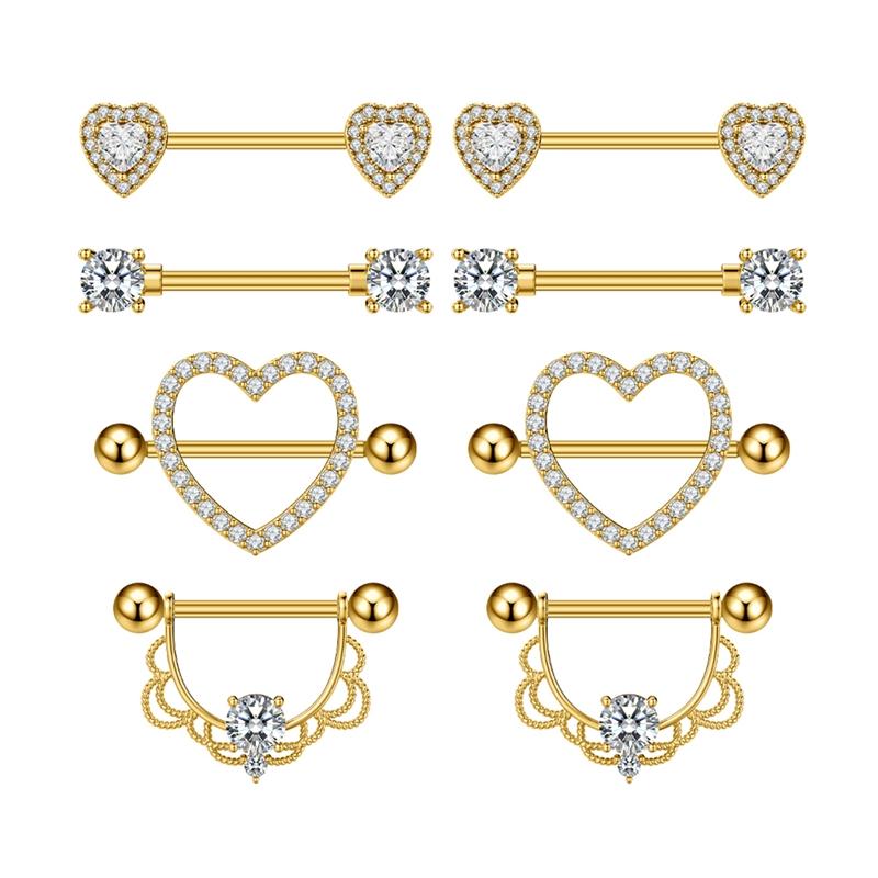 Sada 4 Nerezové 14G Zlaté Kroužky na Bradavky Piercing Jazyka Piercing Body Šperky Bradavkový Barbell Zirkonové Srdce Svatby Zásnuby